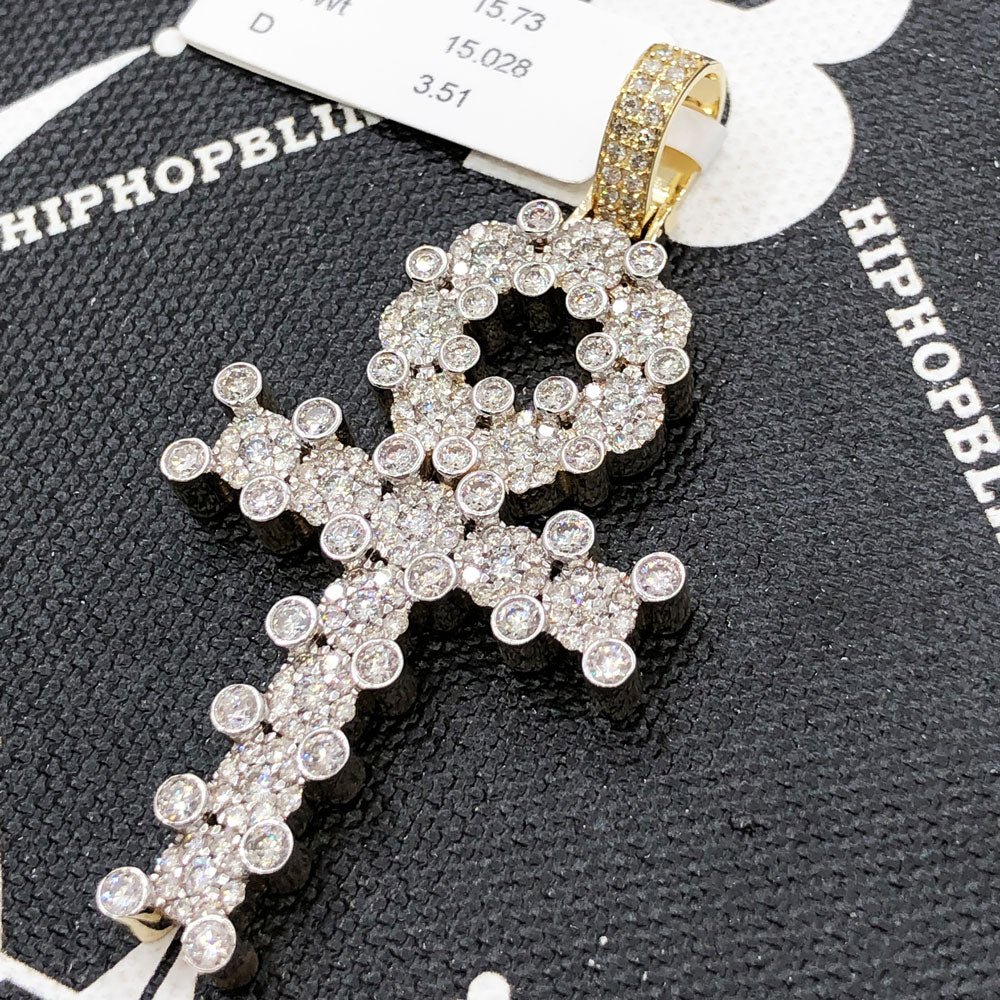 Ankh Cross Cluster Prong Diamond Pendant 3.51cttw 10K Yellow Gold HipHopBling