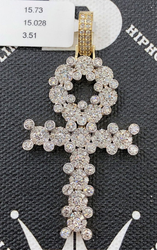 Ankh Cross Cluster Prong Diamond Pendant 3.51cttw 10K Yellow Gold HipHopBling