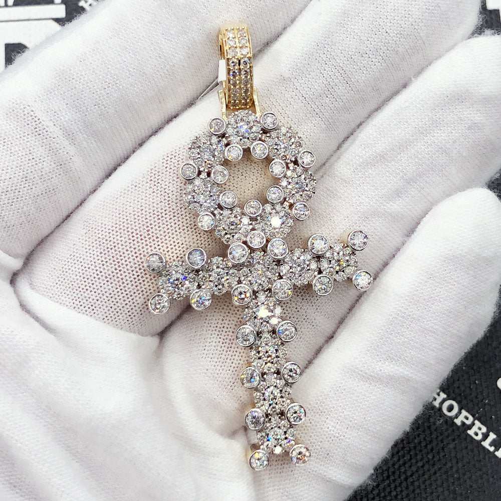 Ankh Cross Cluster Prong Diamond Pendant 3.51cttw 10K Yellow Gold HipHopBling