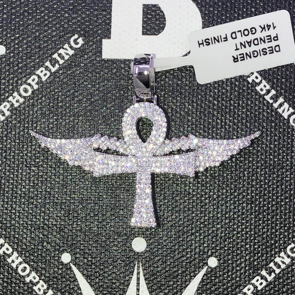 Ankh Cross with Wings CZ Hip Hop Bling Bling Pendant White Gold HipHopBling