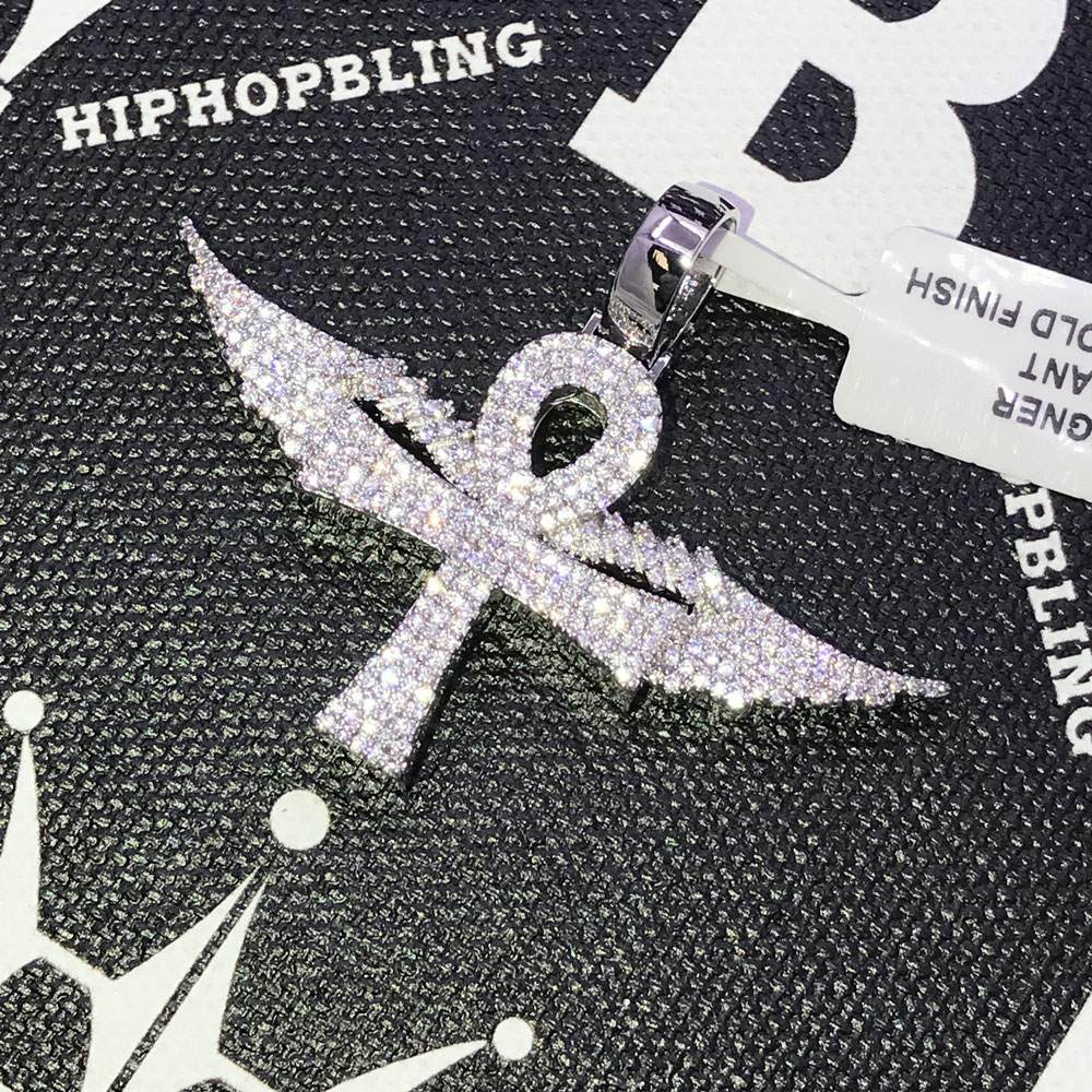 Ankh Cross with Wings CZ Hip Hop Bling Bling Pendant White Gold HipHopBling
