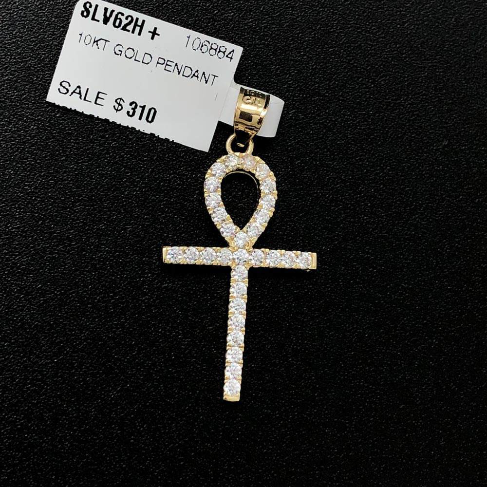 Ankh Tennis Cross CZ 10K Yellow Gold Pendant HipHopBling