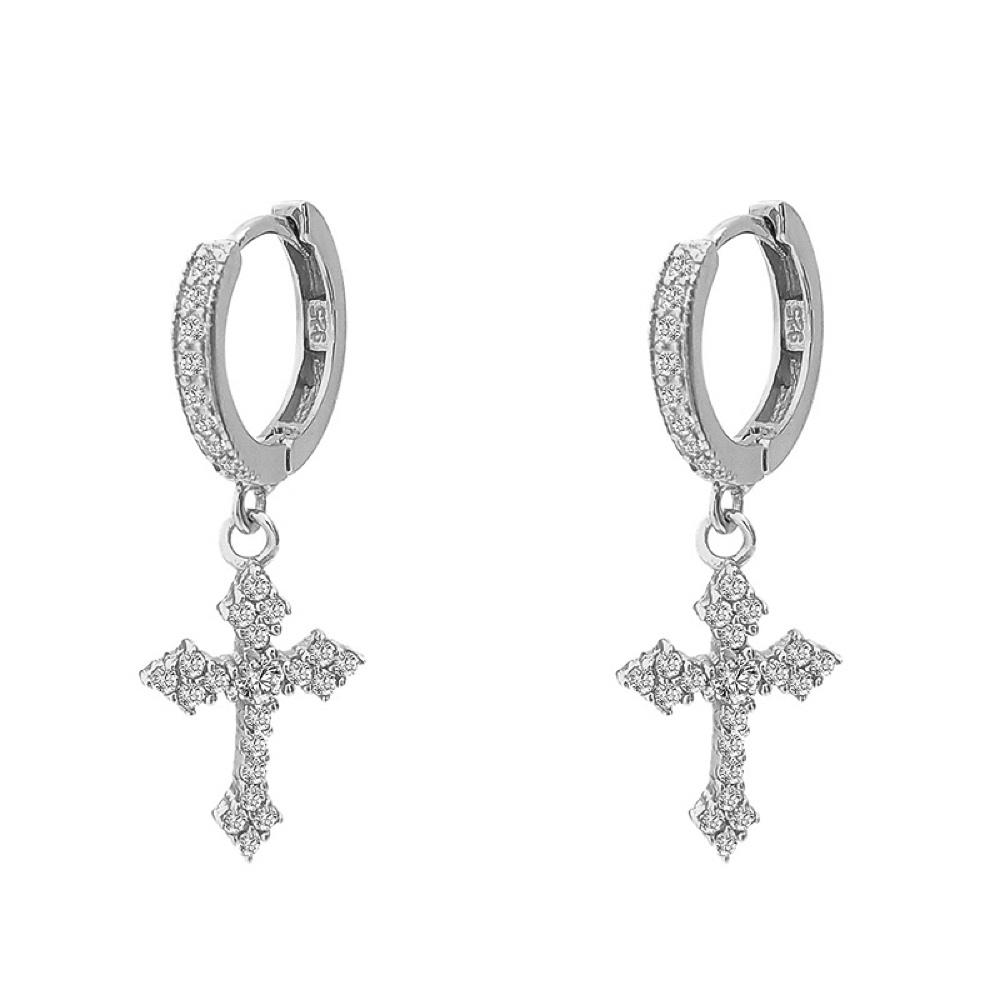 Antique Cross Dangling Huggie Hoop Iced Out Earrings .925 Silver White Gold HipHopBling