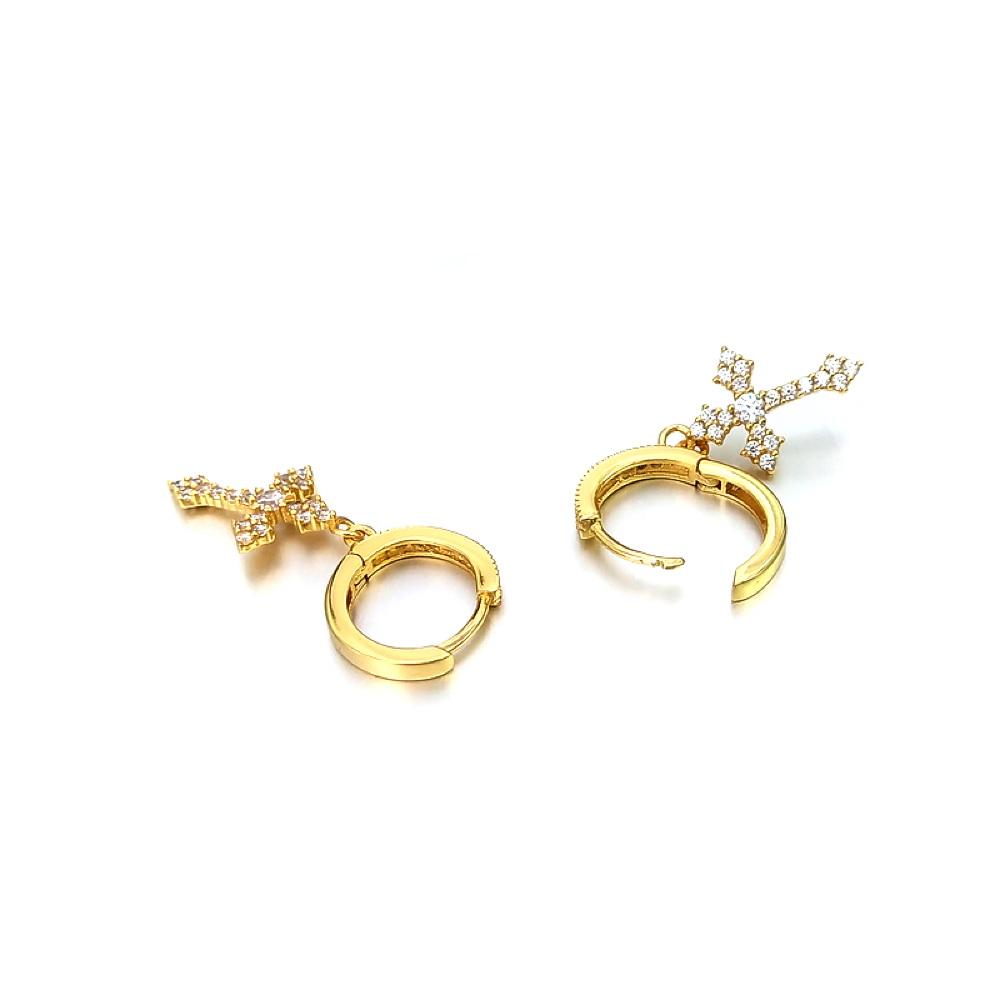 Antique Cross Dangling Huggie Hoop Iced Out Earrings .925 Silver White Gold HipHopBling