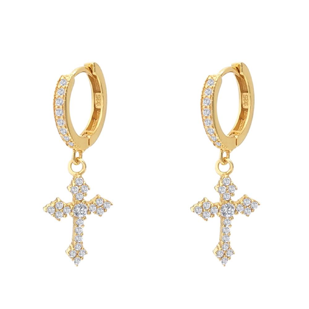 Antique Cross Dangling Huggie Hoop Iced Out Earrings .925 Silver Yellow Gold HipHopBling
