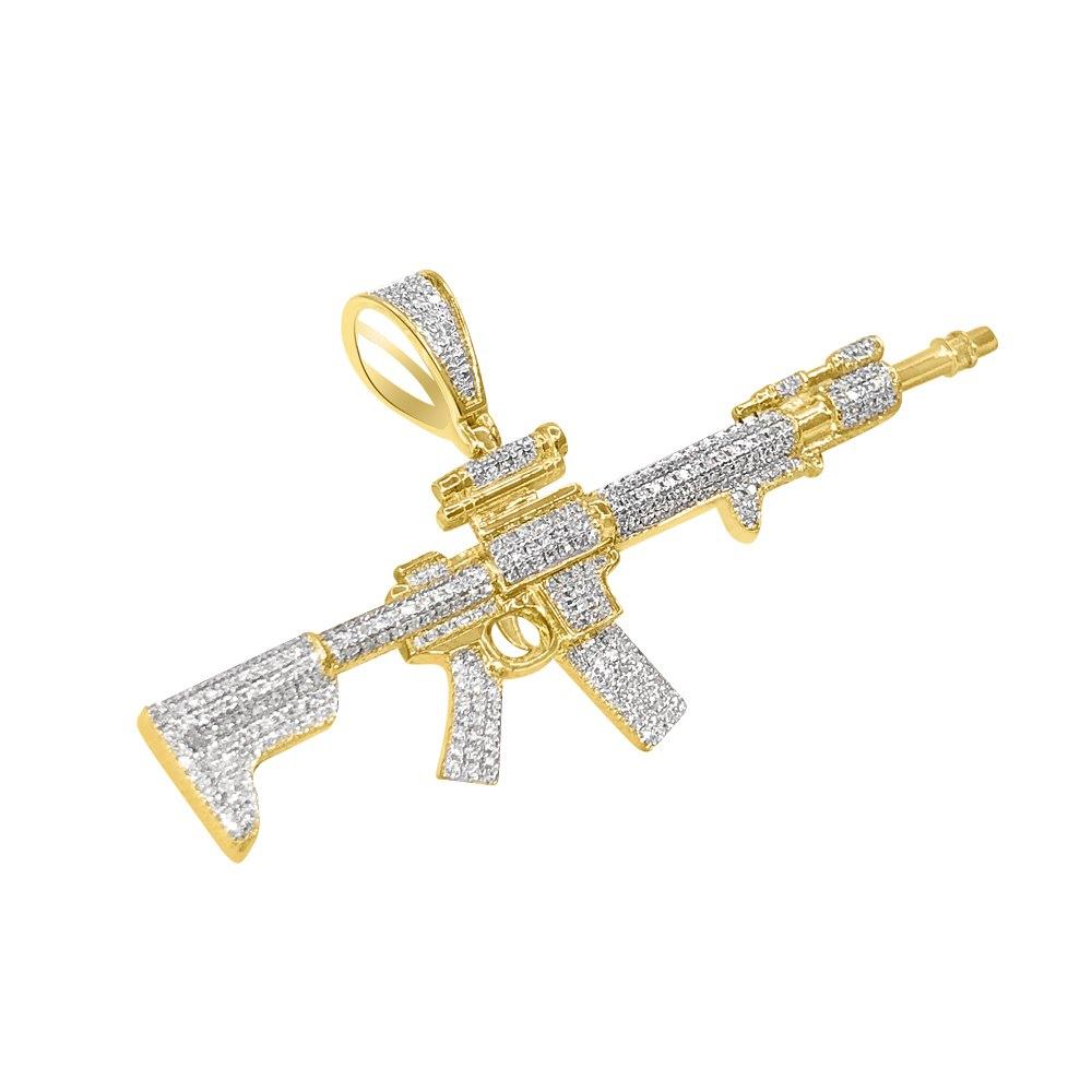 AR-15 Rifle with Scope Diamond Pendant .90cttw 10K Yellow Gold HipHopBling
