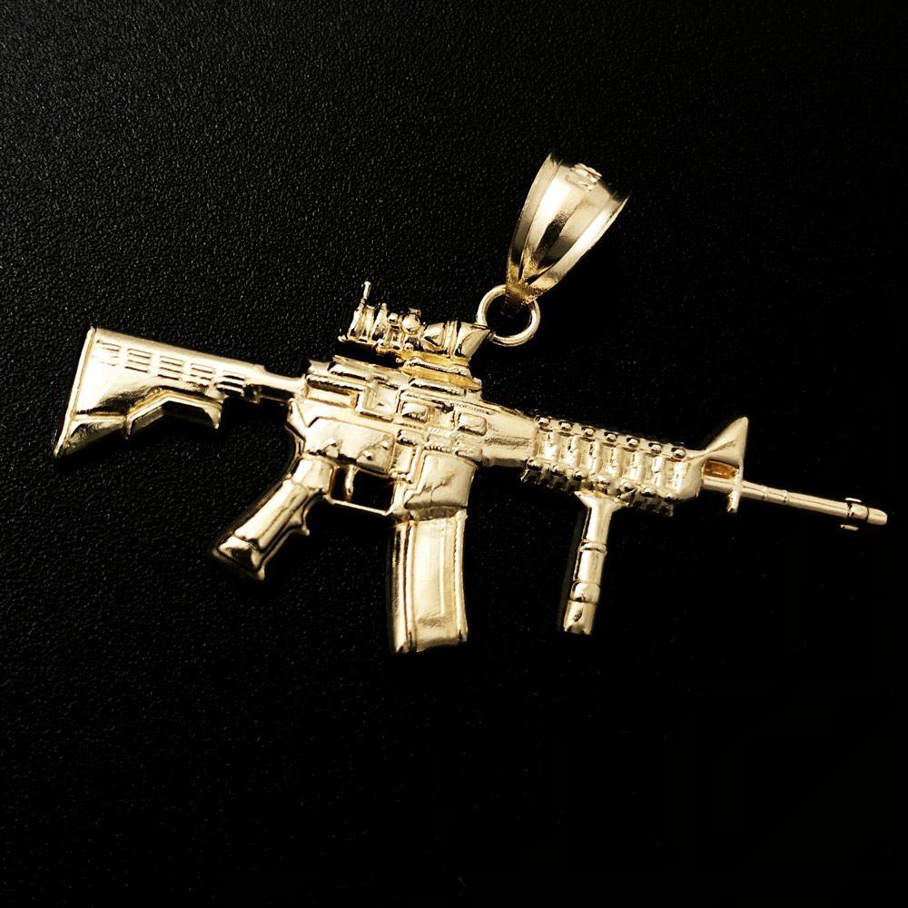 AR15 Rifle Gun 10K Yellow Gold Pendant HipHopBling