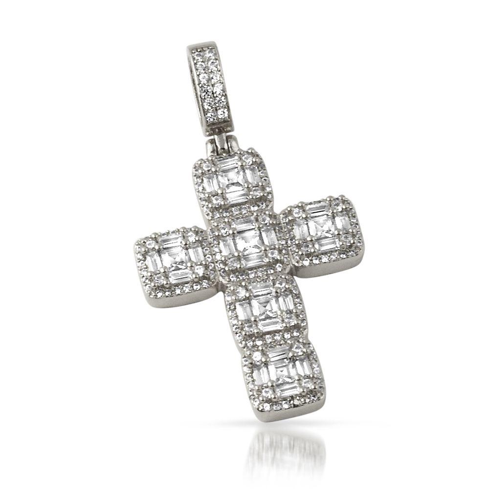 Asscher Cut Cluster CZ Bling Bling Cross in Rhodium HipHopBling