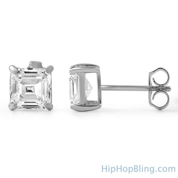 Asscher Cut CZ Stud Earrings .925 Silver 4MM HipHopBling