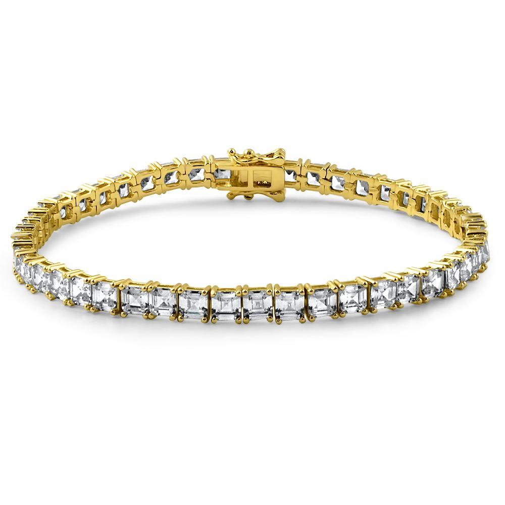 Asscher Cut CZ Tennis Bracelet Prong Set Yellow Gold 7" HipHopBling