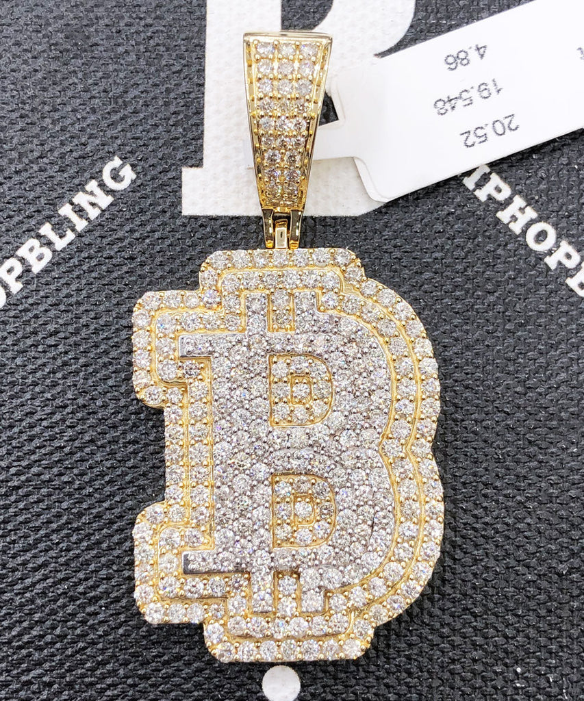 B Bitcoin BTC Diamond Pendant 4.86cttw 10K Yellow Gold HipHopBling