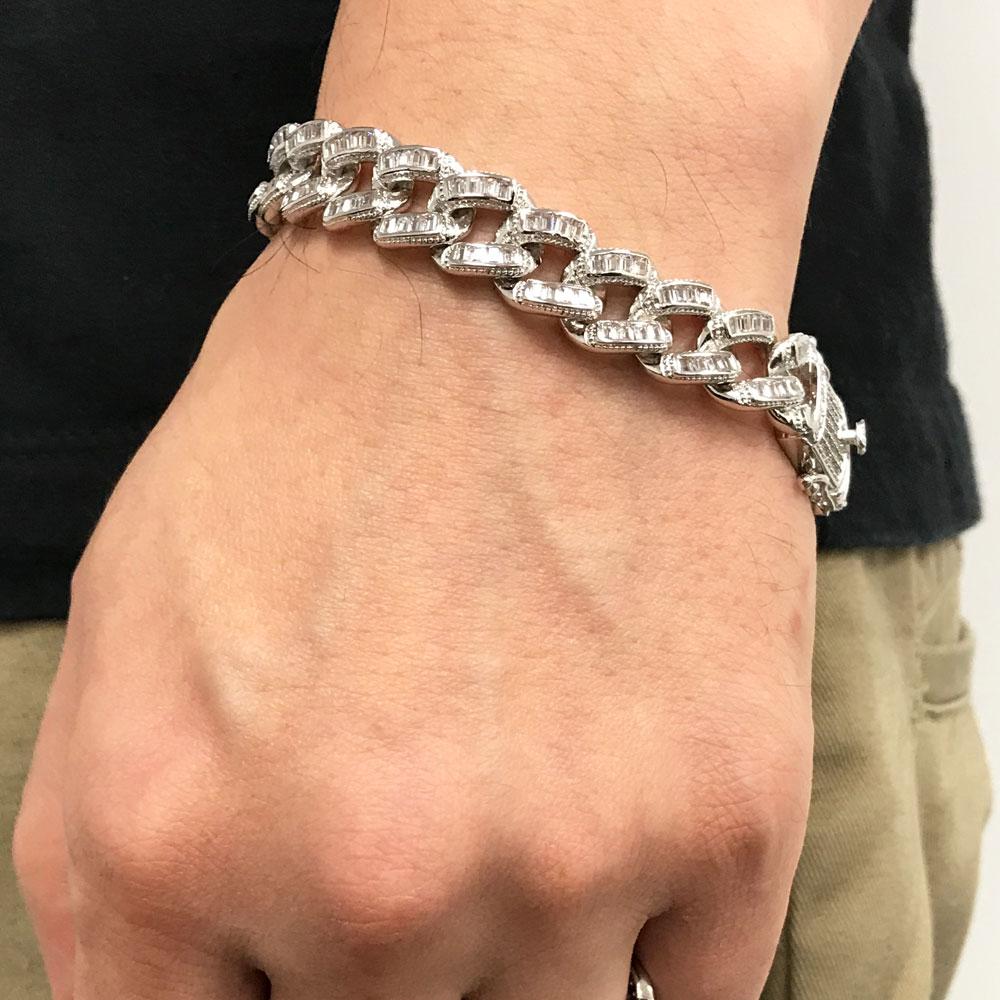 Baguette 11MM Cuban Iced Out Bracelet White Gold 7" HipHopBling