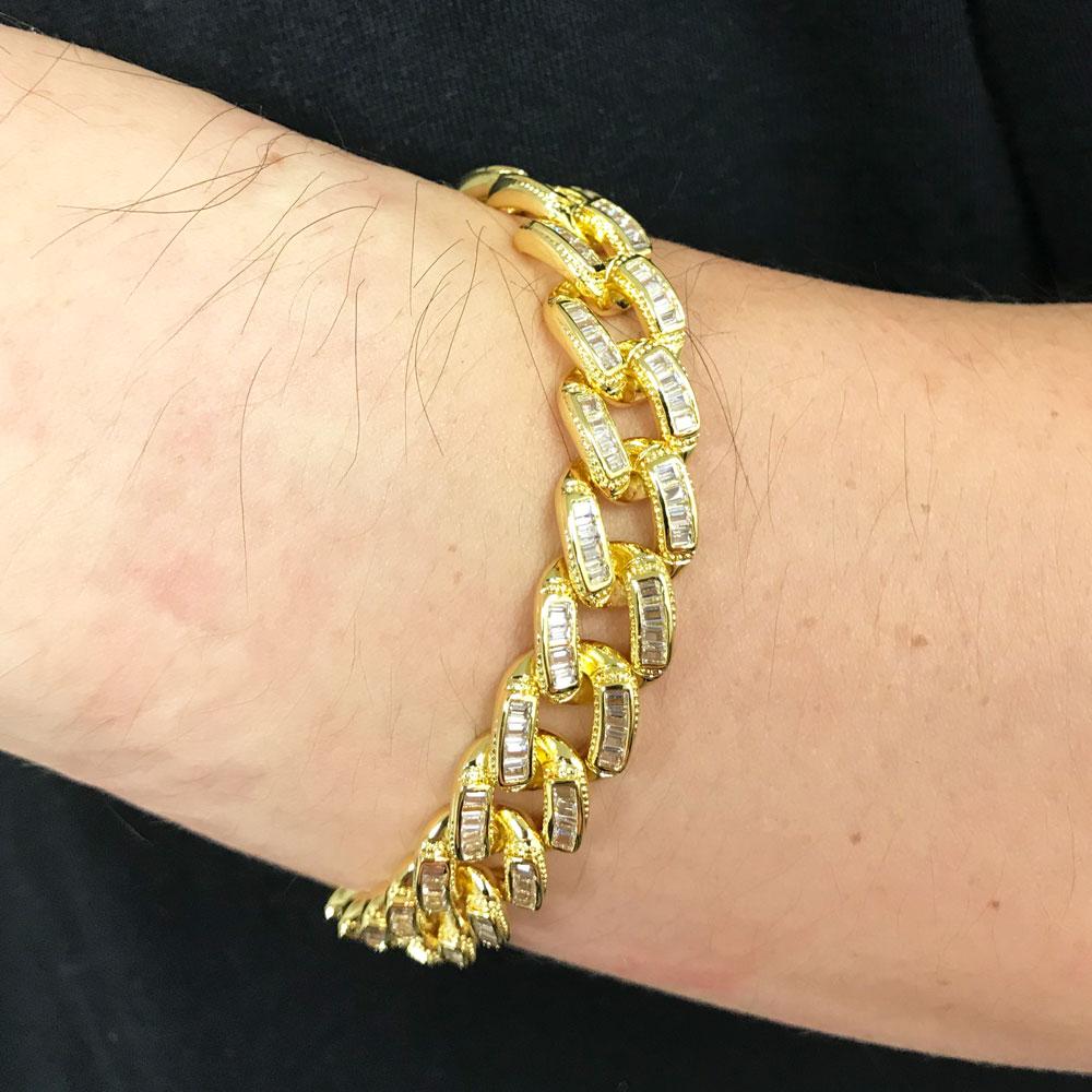 Baguette 11MM Cuban Iced Out Bracelet Yellow Gold 7" HipHopBling