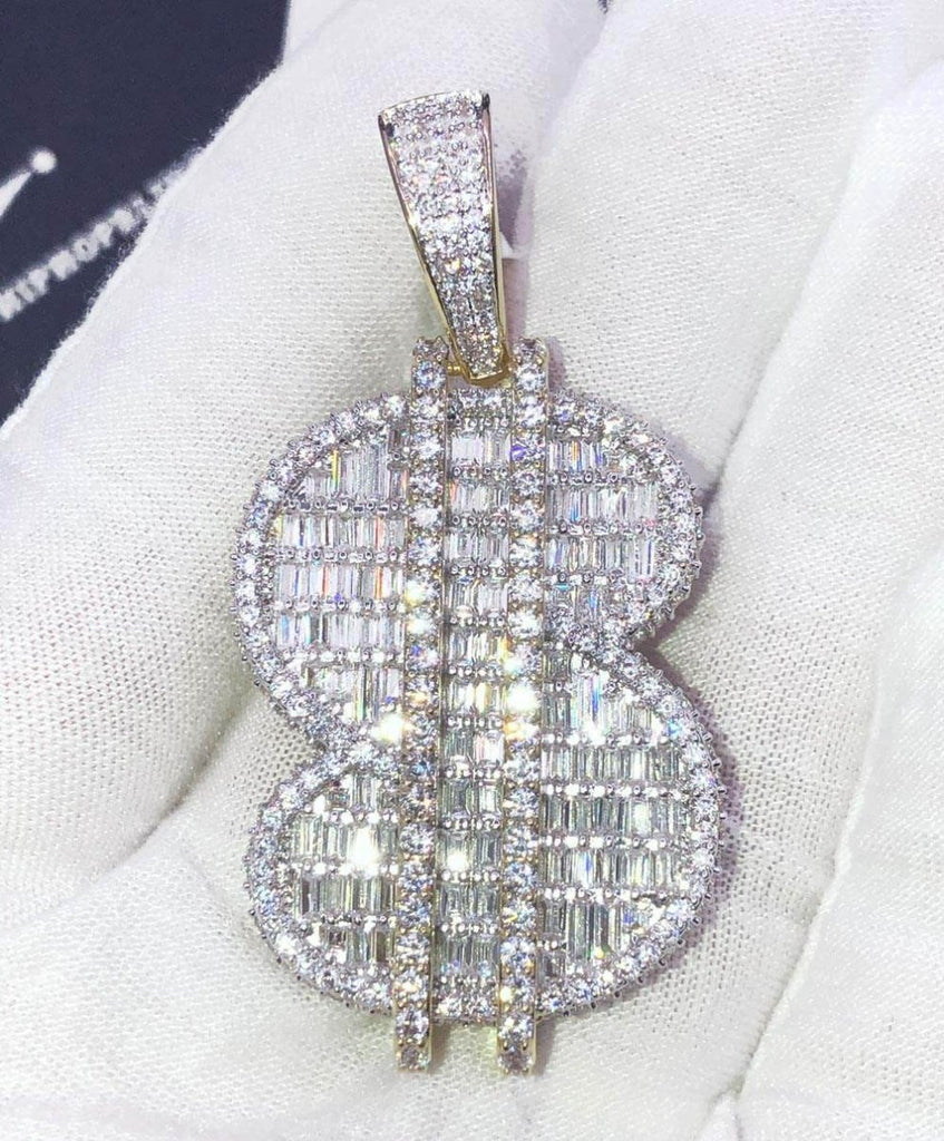 Baguette 3D $ Dollar Sign Money CZ Hip Hop Bling Bling Pendant Yellow Gold HipHopBling