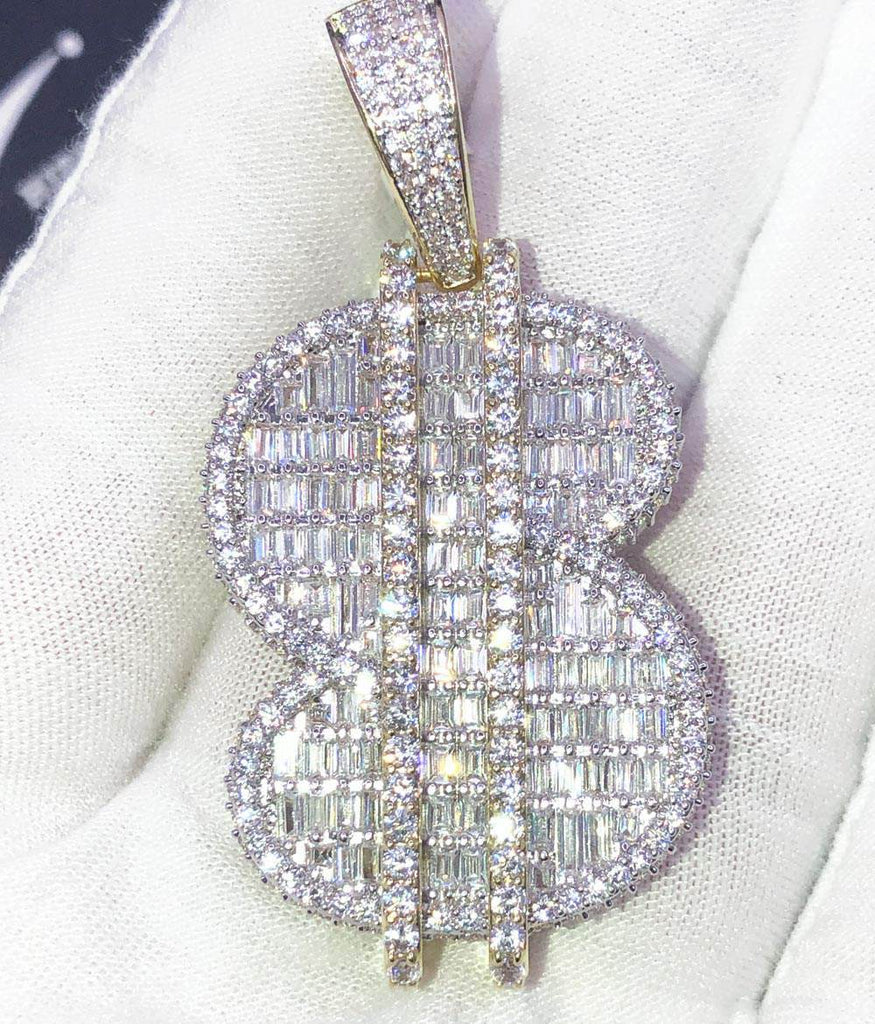 Baguette 3D $ Dollar Sign Money CZ Hip Hop Bling Bling Pendant Yellow Gold HipHopBling