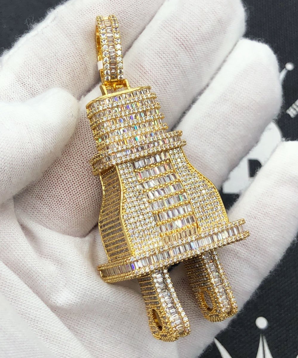 Baguette 3D PLUG CZ Hip Hop Iced Out Pendant Yellow Gold HipHopBling