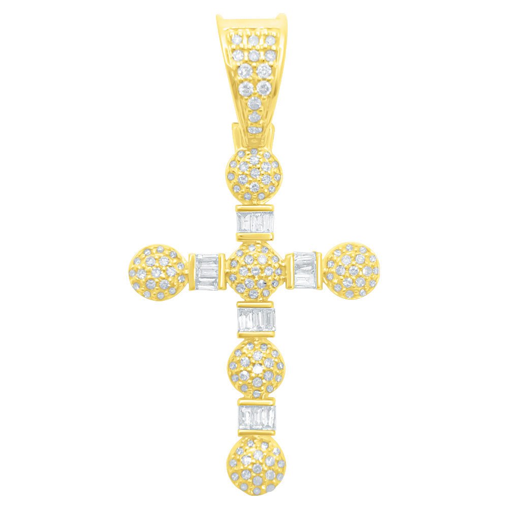 Baguette & Ball Cross Diamond Pendant .75cttw 10K Yellow Gold HipHopBling
