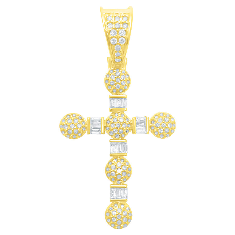 Baguette & Ball Cross Diamond Pendant .75cttw 10K Yellow Gold HipHopBling
