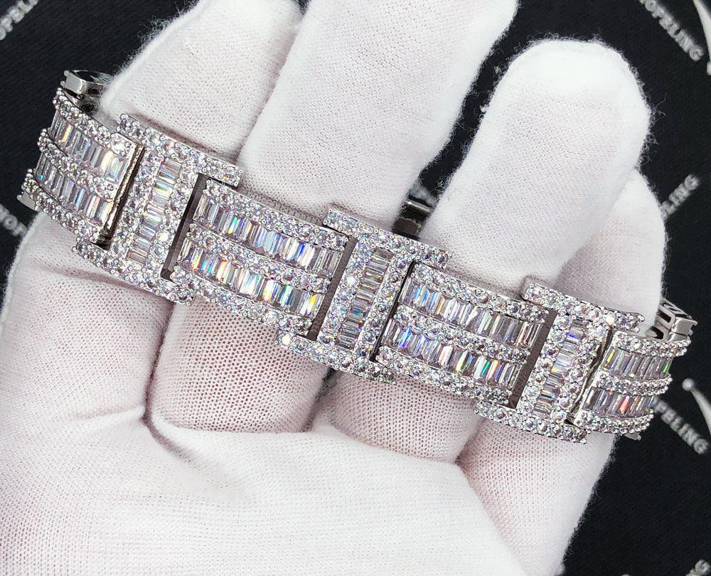 Baguette Bar Link Custom VVS Iced Out Hip Hop Bracelet White Gold 7" HipHopBling