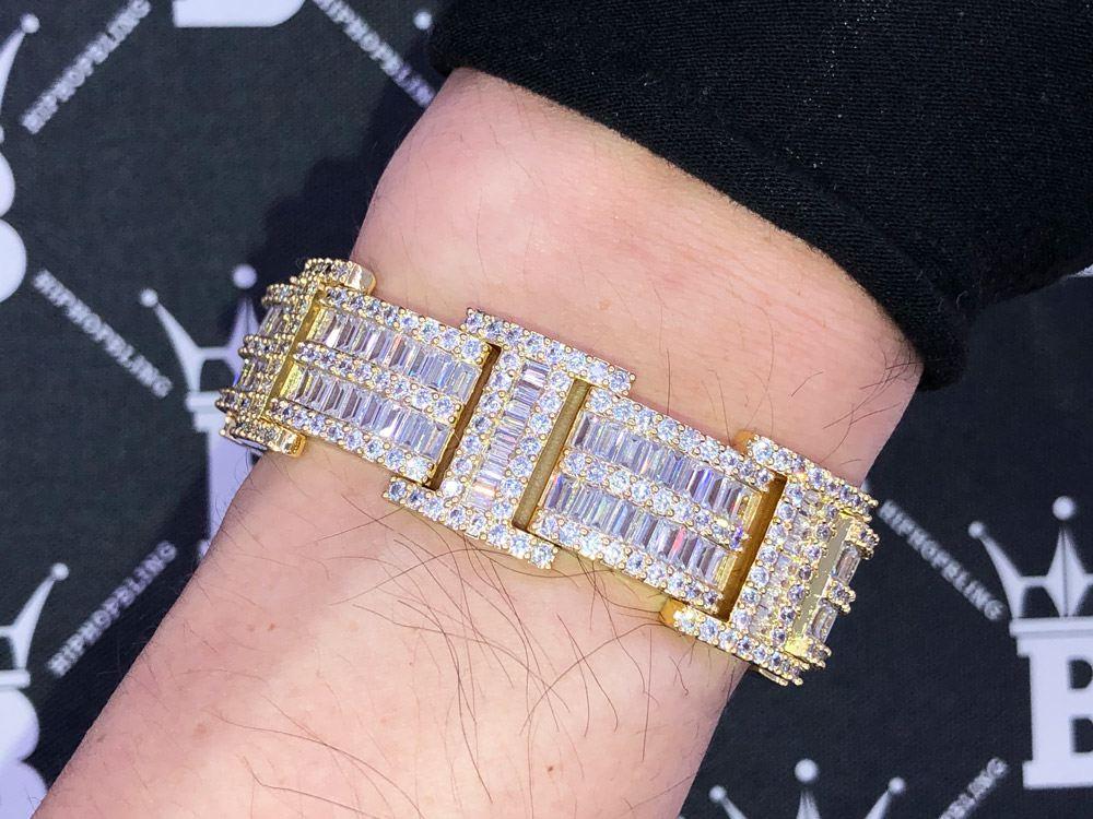 Baguette Bar Link Custom VVS Iced Out Hip Hop Bracelet Yellow Gold 7" HipHopBling