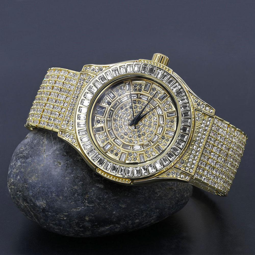 Baguette Bezel 10 Row CZ Band Iced Out Watch Rose Gold HipHopBling