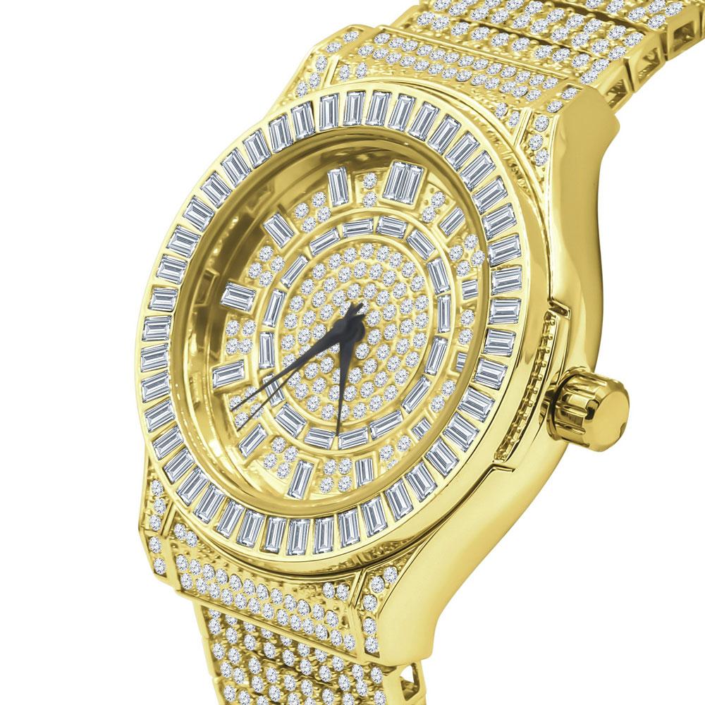 Baguette Bezel 10 Row CZ Band Iced Out Watch Rose Gold HipHopBling