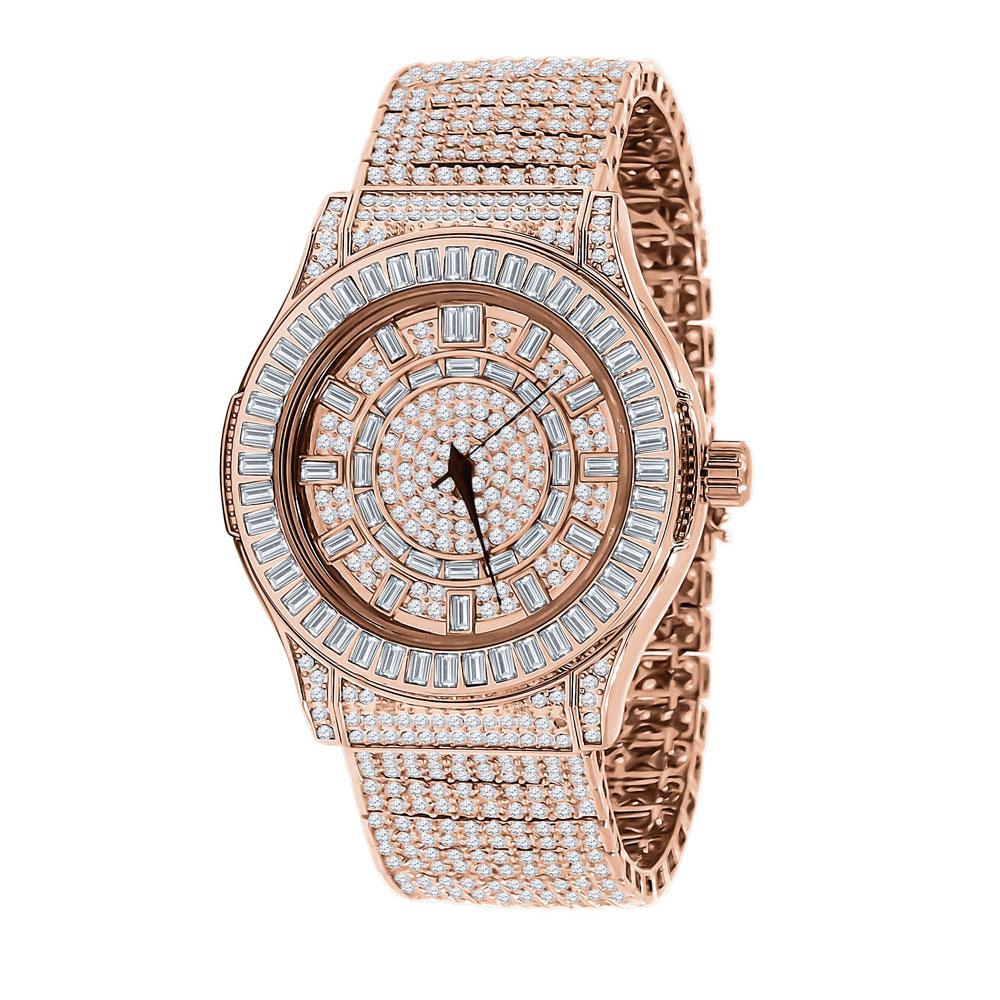 Baguette Bezel 10 Row CZ Band Iced Out Watch Rose Gold HipHopBling