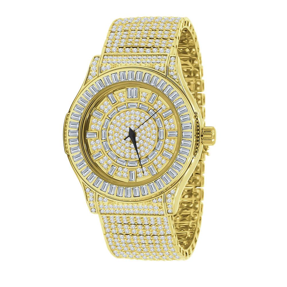 Baguette Bezel 10 Row CZ Band Iced Out Watch Yellow Gold HipHopBling
