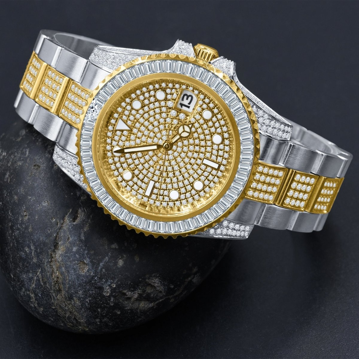 Baguette Bezel CZ Mid Link Date Hip Hop Watch 2 - Tone HipHopBling