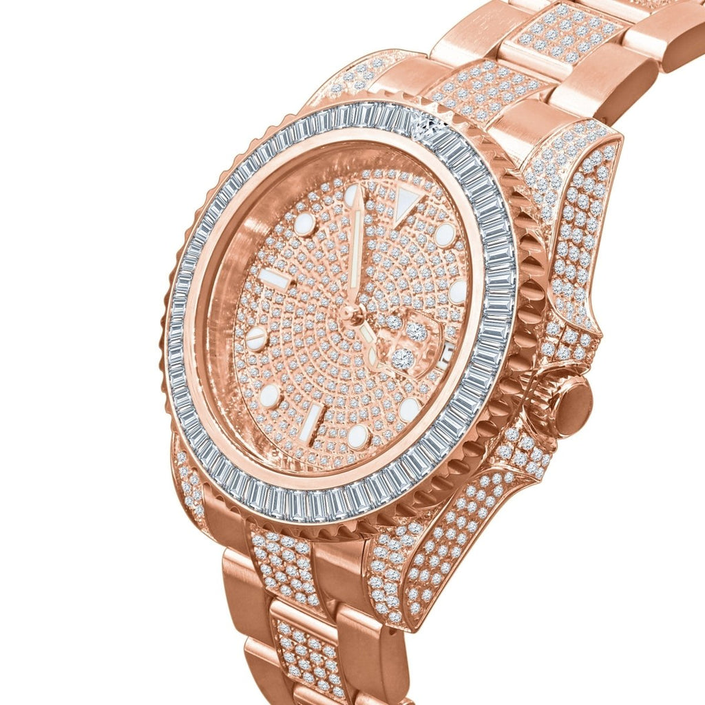 Baguette Bezel CZ Mid Link Date Hip Hop Watch Rose Gold HipHopBling