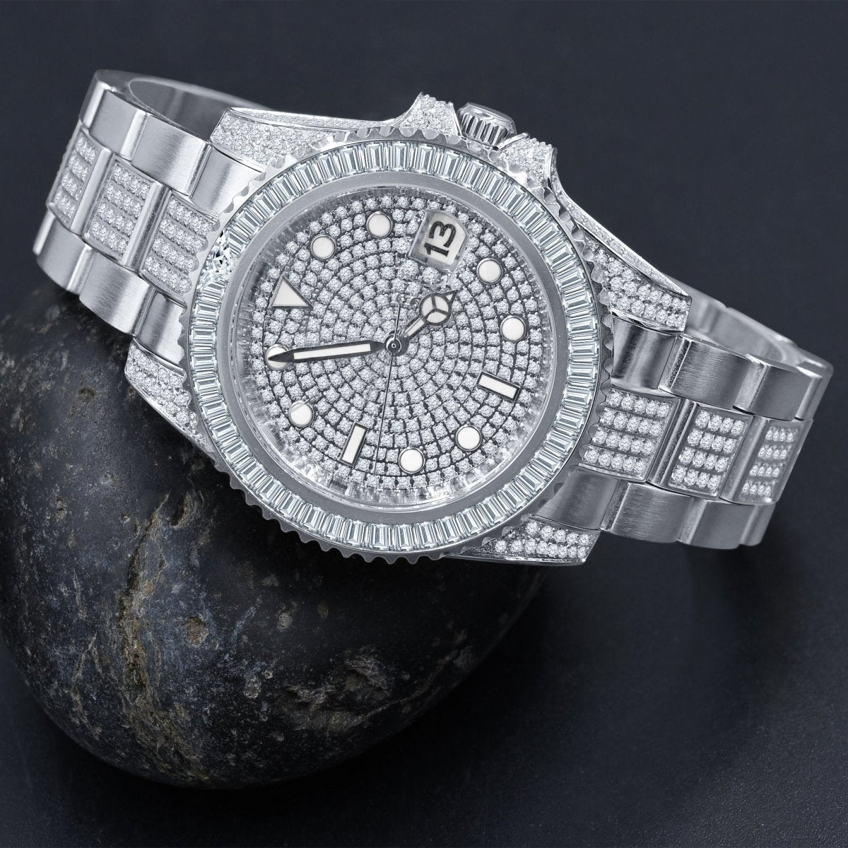 Baguette Bezel CZ Mid Link Date Hip Hop Watch Rose Gold HipHopBling