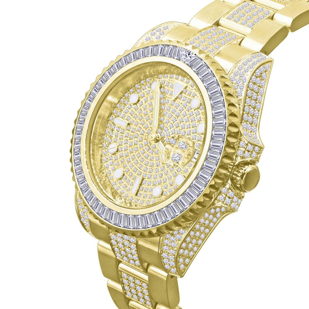 Baguette Bezel CZ Mid Link Date Hip Hop Watch White Gold HipHopBling