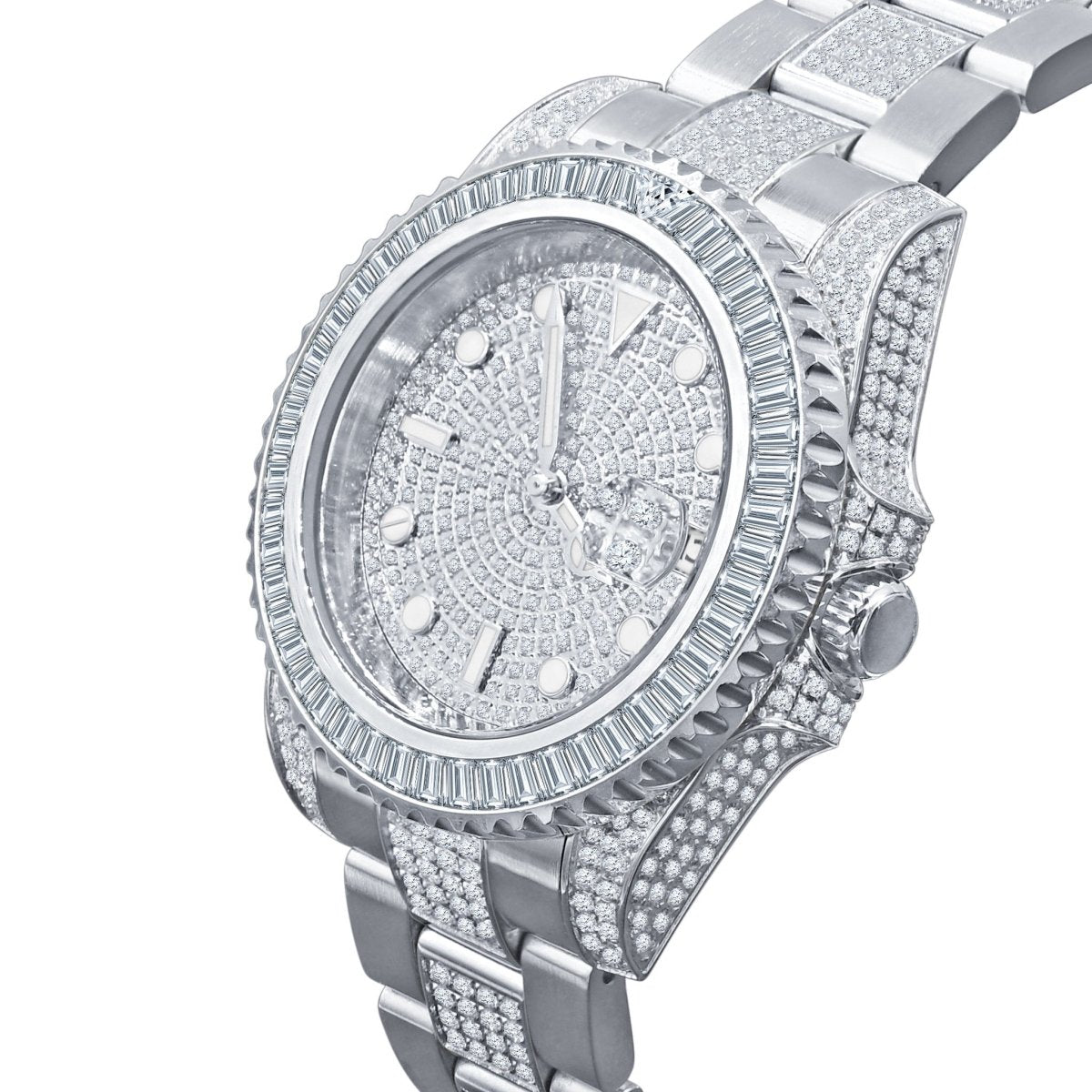 Baguette Bezel CZ Mid Link Date Hip Hop Watch White Gold HipHopBling