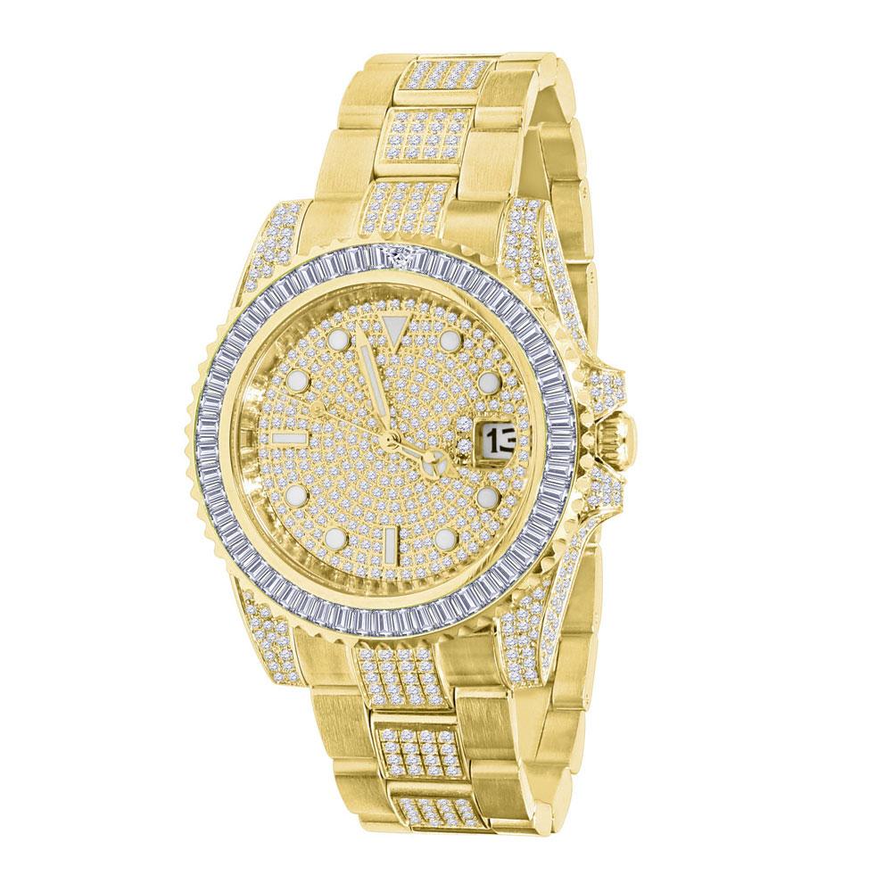Baguette Bezel CZ Mid Link Date Hip Hop Watch Yellow Gold HipHopBling