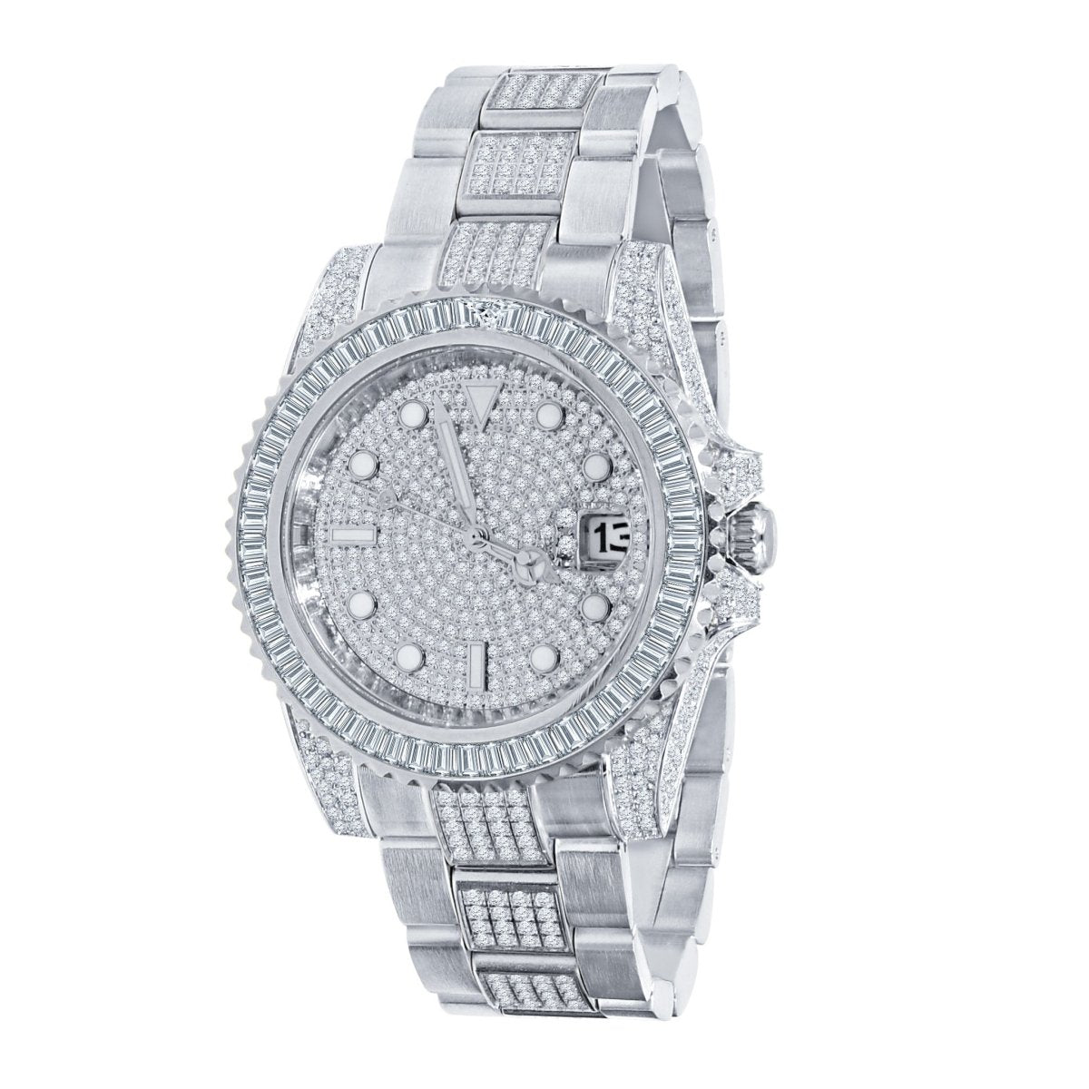 Baguette Bezel CZ Mid Link Date Hip Hop Watch Yellow Gold HipHopBling