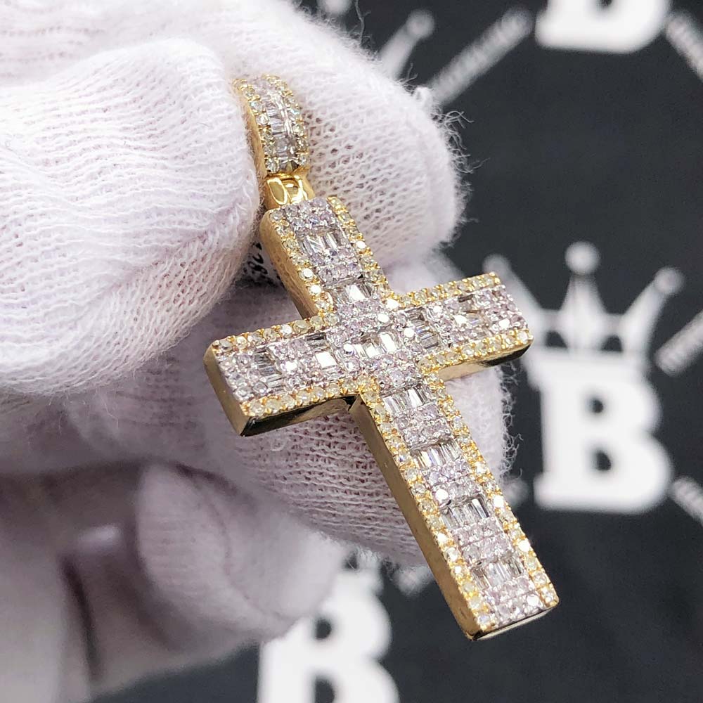 Baguette Block Cross Diamond Pendant 1.05cttw 10K Yellow Gold HipHopBling