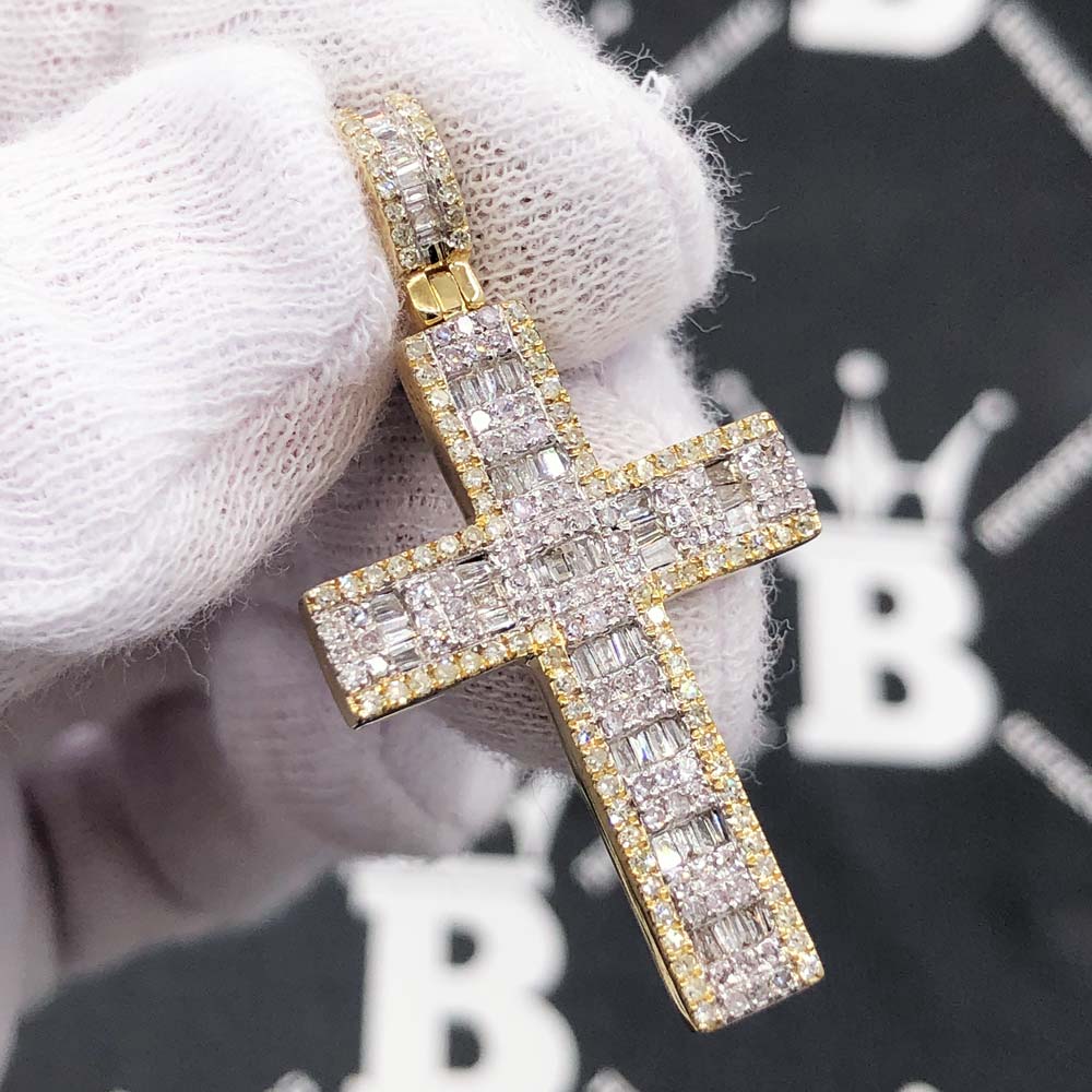 Baguette Block Cross Diamond Pendant 1.05cttw 10K Yellow Gold HipHopBling