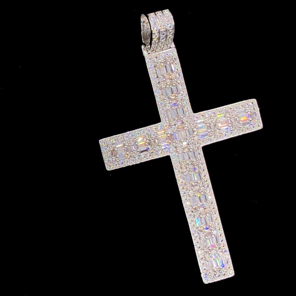 Baguette Block Cross Iced Out Hip Hop Pendant White Gold HipHopBling