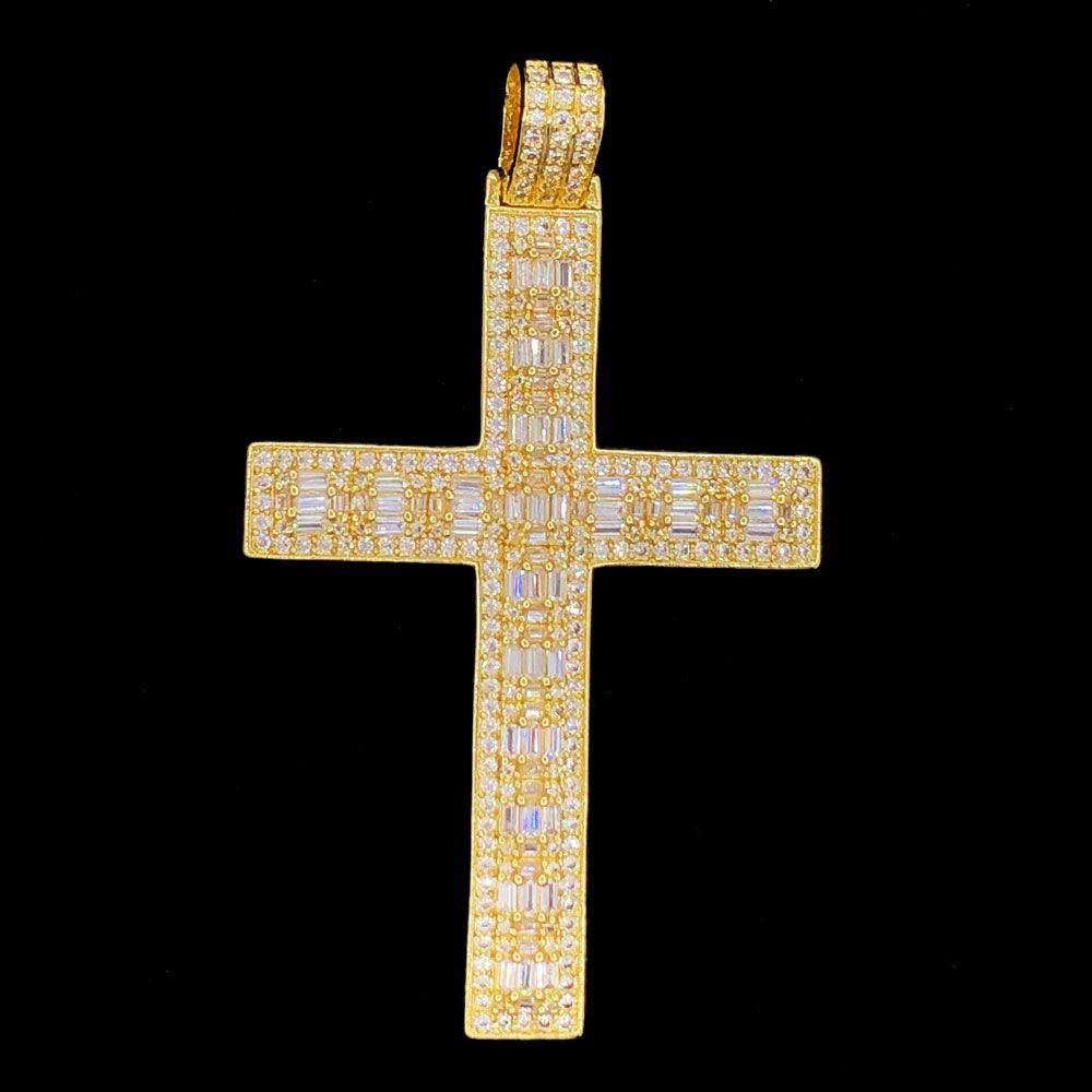 Baguette Block Cross Iced Out Hip Hop Pendant Yellow Gold HipHopBling