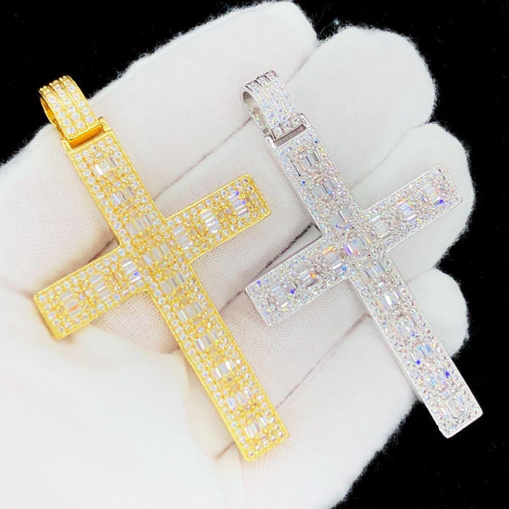 Baguette Block Cross Iced Out Hip Hop Pendant Yellow Gold HipHopBling