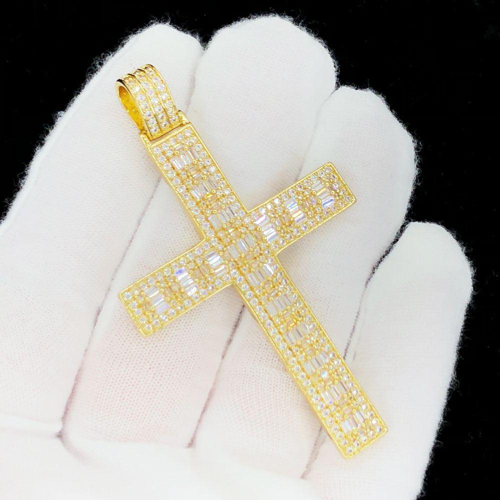 Baguette Block Cross Iced Out Hip Hop Pendant Yellow Gold HipHopBling