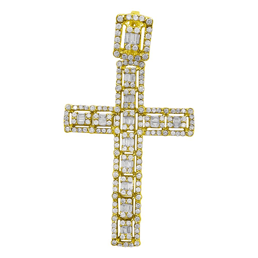 Baguette Chunk Cross Diamond Pendant 1.15cttw 10K Yellow Gold HipHopBling