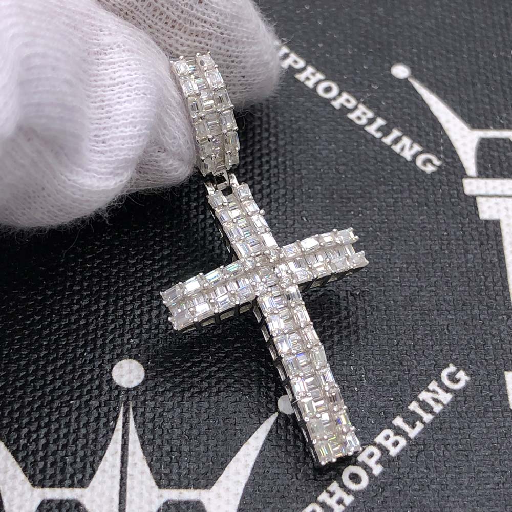 Baguette Chunky Cross VVS Moissanite Pendant 2.41cttw .925 Sterling Silver HipHopBling