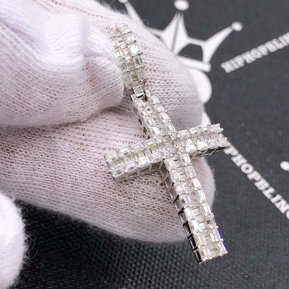 Baguette Chunky Cross VVS Moissanite Pendant 2.41cttw .925 Sterling Silver HipHopBling