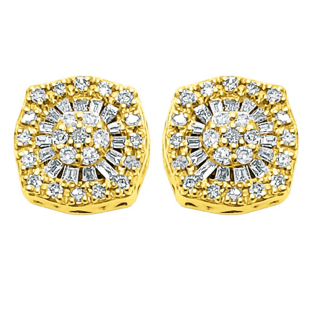 Baguette Circle Cushion Diamond Earrings .38cttw 10K Yellow Gold HipHopBling