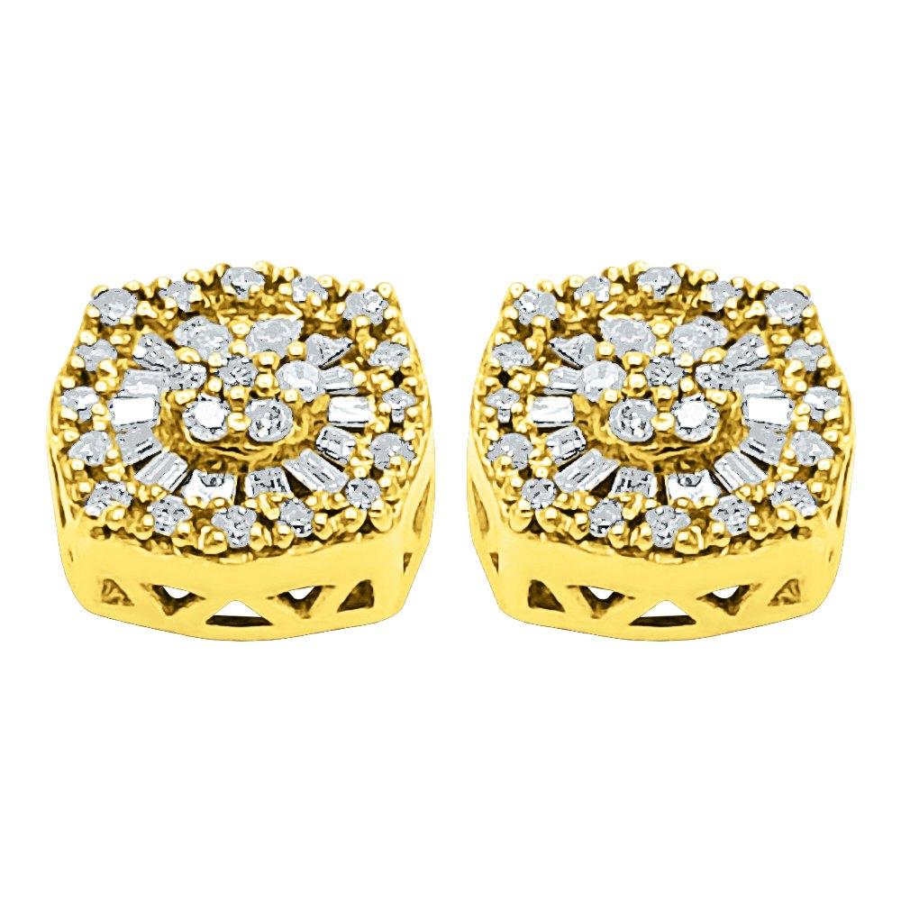 Baguette Circle Cushion Diamond Earrings .38cttw 10K Yellow Gold HipHopBling