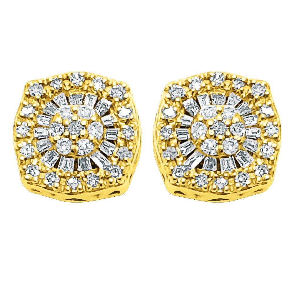 Baguette Circle Cushion Diamond Earrings .38cttw 10K Yellow Gold HipHopBling