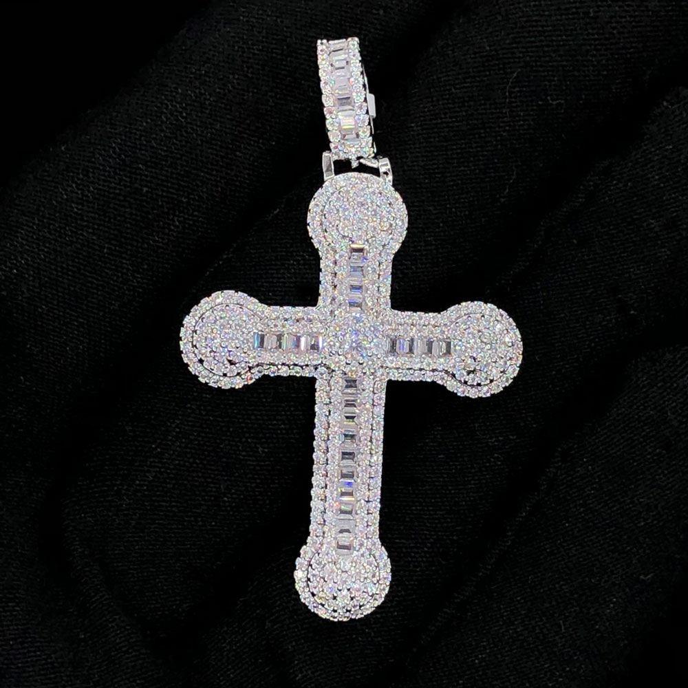 Baguette Circle Tip Cross VVS CZ Hip Hop Bling Bling Pendant White Gold HipHopBling