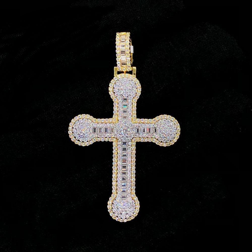 Baguette Circle Tip Cross VVS CZ Hip Hop Bling Bling Pendant Yellow Gold HipHopBling