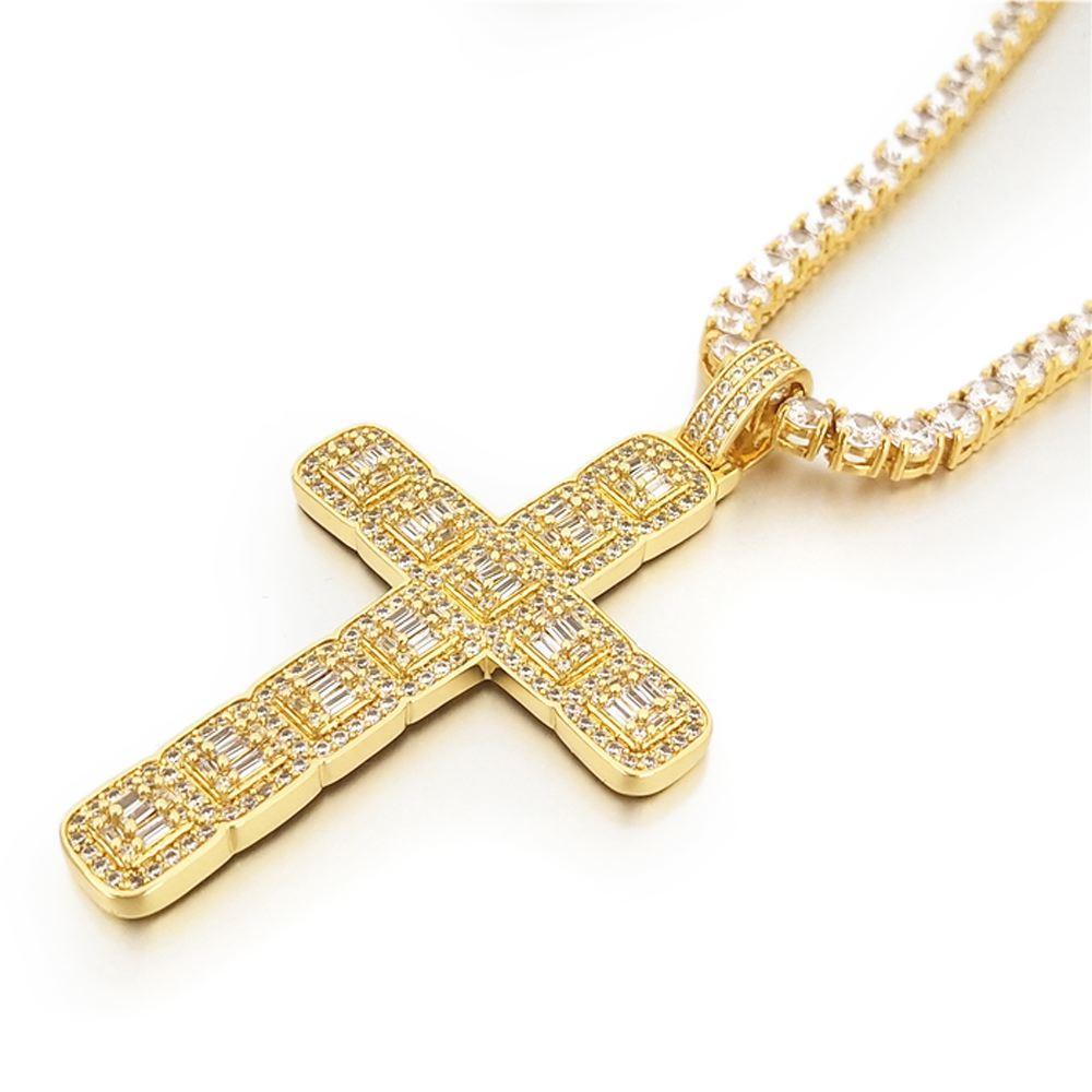 Baguette Cluster Cross Bling Pendant in White / Yellow Gold Yellow Gold HipHopBling